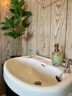 a bathroom sink with a soap dispenser on it at Svingen Guesthouse - Panoramic Fjord Views in Flåm in Flåm