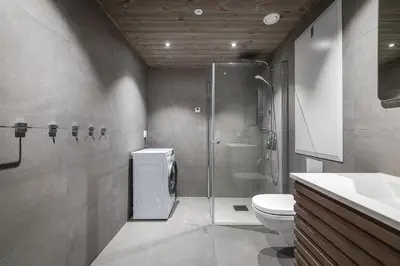 a bathroom with a shower and a toilet and a sink at Mountain nest in Hemsedal close to the ski slopes in Hemsedal