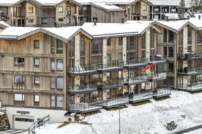 an aerial view of an apartment building in the snow at Mountain nest in Hemsedal close to the ski slopes in Hemsedal