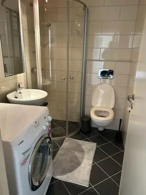 a bathroom with a washing machine and a toilet at Marken Studio Apartments in Bergen