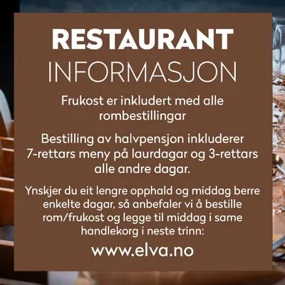a sign in a restaurant advertisesrestaurant information at Elva Hotel in Vossevangen