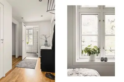 a bedroom and a living room with a window at Modern Apartment in the center of Bergen in Bergen