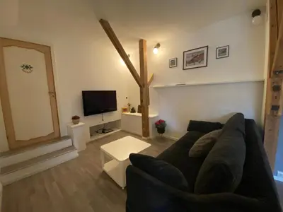 a living room with a black couch and a tv at Leilighet Sølendet, i Brekken ved Røros in Røros