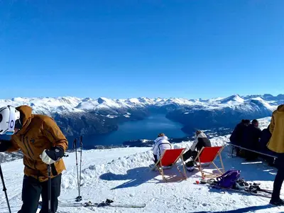 a group of people on the top of a ski slope at Exclusive Suite in the Sunnmøre Alps, Near Geiranger & Hjørundfjord in Stranda
