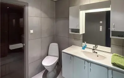 a bathroom with a toilet and a sink and a mirror at Beautiful Apartment In Noresund in Noresund