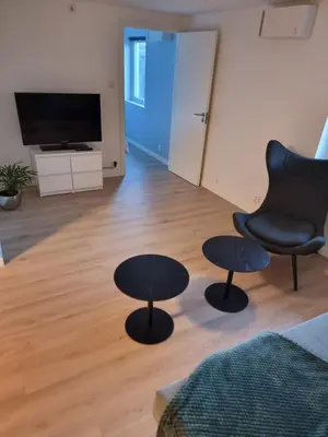 a living room with two chairs and a flat screen tv at Near Bergen City, Apartment 7 min from the airport, free parking in Bergen