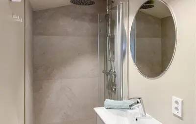 a bathroom with a shower with a sink and a mirror at Gorgeous Home In Skjold With Kitchen in Skjold