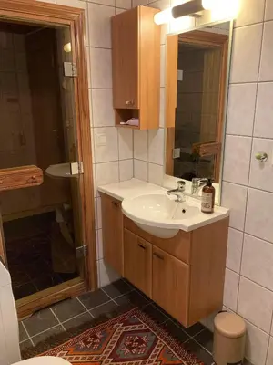 a bathroom with a sink and a shower and a mirror at Lun og koselig hytte med sauna på Filefjell in Tyinkrysset