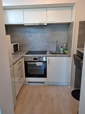 a small kitchen with a sink and a stove at Apartment near center / free P in Ålesund