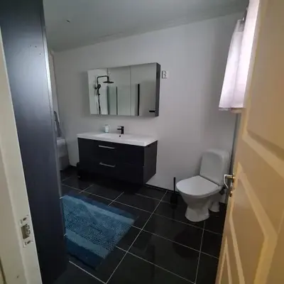 a bathroom with a sink and a toilet and a mirror at Koselig hus med hage i Herøy på Sunnmøre. in Røyra