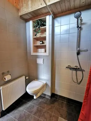 a bathroom with a toilet and a shower at Unique farm stay in the steep mountains of Rjukan in Vemork