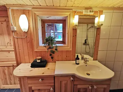 a bathroom with a sink and a mirror at Unique farm stay in the steep mountains of Rjukan in Vemork