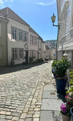a cobblestone street with houses and potted plants at Knøsesmauet Apartment in Bergen