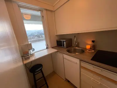 a small kitchen with a sink and a window at Fjord view apartment in Ålesund with free parking in Ålesund
