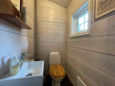 a small bathroom with a toilet and a sink at Baybu - cabin close Geilo Skisenter and the center of Geilo in Geilo