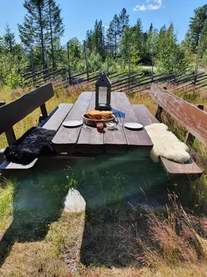 a picnic table with a plate of food on it at Luxurious, well-Equipped and modern Cabin by the Cross-Country Ski Trails in Eggedal