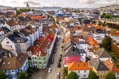 an aerial view of a city with buildings at Corner Apartments in Bergen