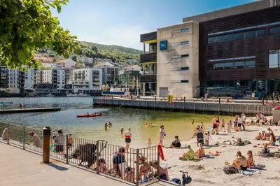 a group of people on a beach near a body of water at Dinbnb Apartments I Characteristic Townhouse with Bathtub in Bergen