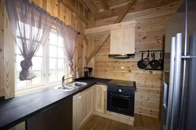 a kitchen with a stove and a sink in a cabin at Grindastugu cabin right by Liatoppen Ski Centre. in Ål