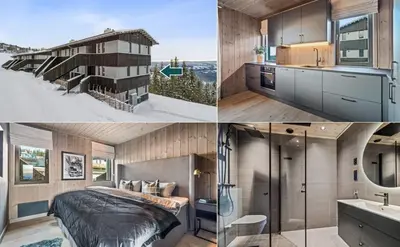 a collage of photos of a bedroom and a house at Hafjell Front 220D 8pers, Ski inout , Downhill Bike in Hafjell