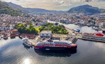 an aerial view of a cruise ship in a harbor at Central Seafront Apartments with Parking and Self Check-In! in Bergen