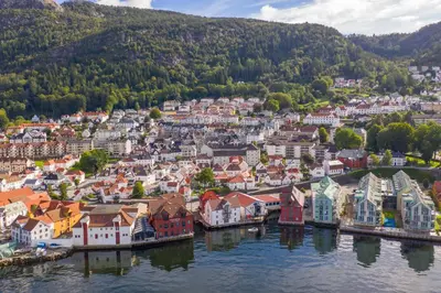 an aerial view of a town on the water at Central Seafront Apartments with Parking and Self Check-In! in Bergen