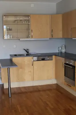 a kitchen with wooden cabinets and a black counter top at Hordatun Apartments in Røldal