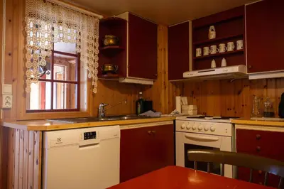 a kitchen with wooden cabinets and a sink and a window at Houmbgaarden in Røros