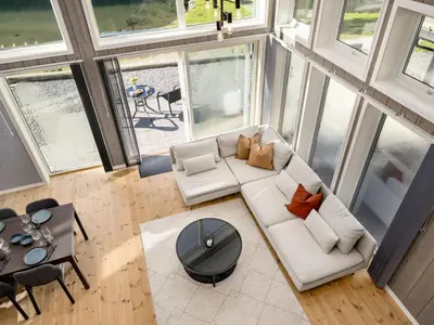an overhead view of a living room with a couch at Holiday Home Mathias by Interhome in Vik