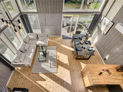 an overhead view of a living room in a house at Holiday Home Kaja by Interhome in Vik
