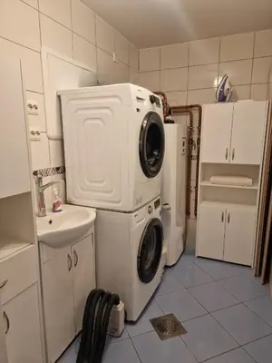 a washer and dryer in a kitchen with a sink at Mountain & Fjord View Apartment in Stryn