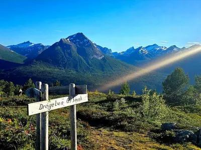 a sign on the side of a mountain at Panorama view in Stranda