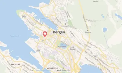 a map of bergen with a marker on it at Dinbnb Apartments I New 2023 I 600m to Bryggen in Bergen
