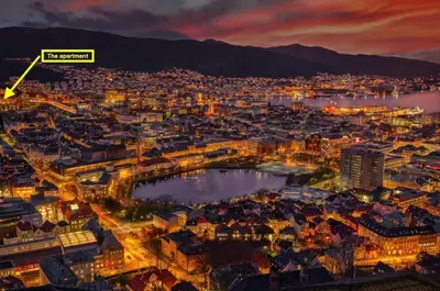 an aerial view of a city at night at Dinbnb Apartments I New 2021 I Affordable Option in Bergen