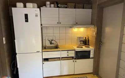 a kitchen with a white refrigerator and a sink at Osetunet, small and charming cabin at Ustaoset in Ustaoset