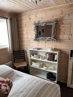 a bedroom with a bed and a book shelf at Saballie - Cosy cabin - sunny location! in Slåtto