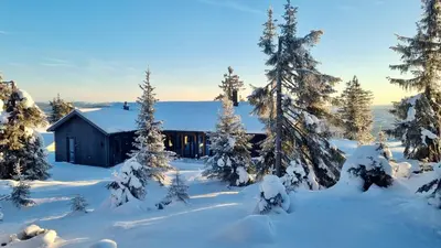 a cabin in the snow with snow covered trees at Unique new cabin by Hafjell & Skei with stunning view in Tretten