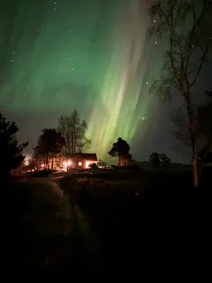 an aurora in the sky over a house at Draget gård, historisk våningshus ved sjøen, rett utenfor Molde in Molde