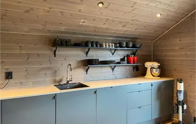 a kitchen with a sink and a wooden wall at 4 Bedroom Nice Home In Bjorli in Bjorli