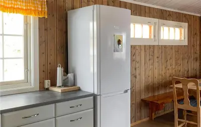a white refrigerator in a kitchen with wooden walls at 3 Bedroom Lovely Home In Hemsedal in Hemsedal