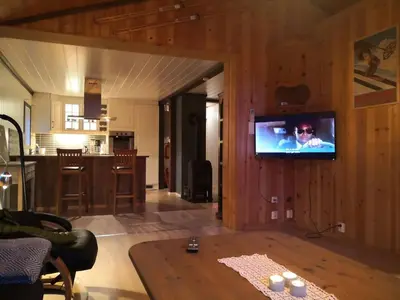 a living room with a tv on a wooden wall at Feriebolig i Garmo in Lom