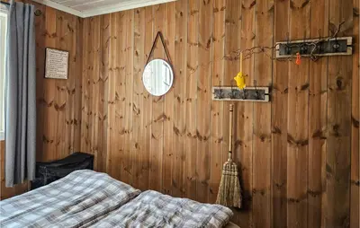 a bedroom with a wooden wall with a bed and a mirror at Awesome Home In Hjartdal With Kitchen in Hjartdal