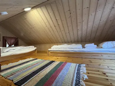 a room with two beds in a wooden ceiling at Cottage Yard - cozy Cabin in Geilo