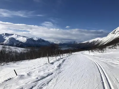 a snow covered road with mountains in the background at Villa i Isfjorden! in Isfjorden