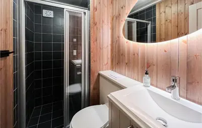 a bathroom with a sink and a toilet and a mirror at Cozy Home In Sjusjøen With Kitchen in Sjusjøen