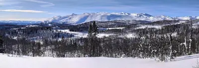 a snow covered mountain with trees and snow capped mountains at Apartment Grønlid in Rauland