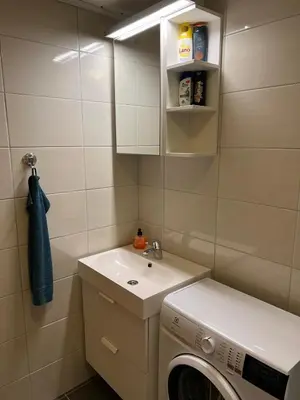 a bathroom with a washing machine and a sink at Apartment Grønlid in Rauland