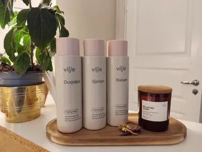 a group of four products sitting on a counter at Førde sentrum - Lindbøen Gjesterom in Førde