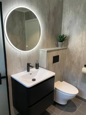 a bathroom with a sink and a mirror and a toilet at Tunold Gård - Olahuset in Oppstryn