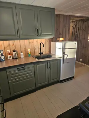 a kitchen with green cabinets and a white refrigerator at Hytte i Ringsaker (Ljøsheim/Sjusjøen) in Ringsaker